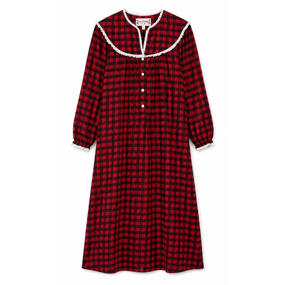 Lanz of Salzburg Nightgown L Red Plaid Flannel Cottagecore Lace Trim Cozy